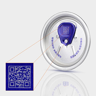 Getränkedosendeckel aus Aluminium, lasermarkiert mit QR-Code und Schriftzeichen 